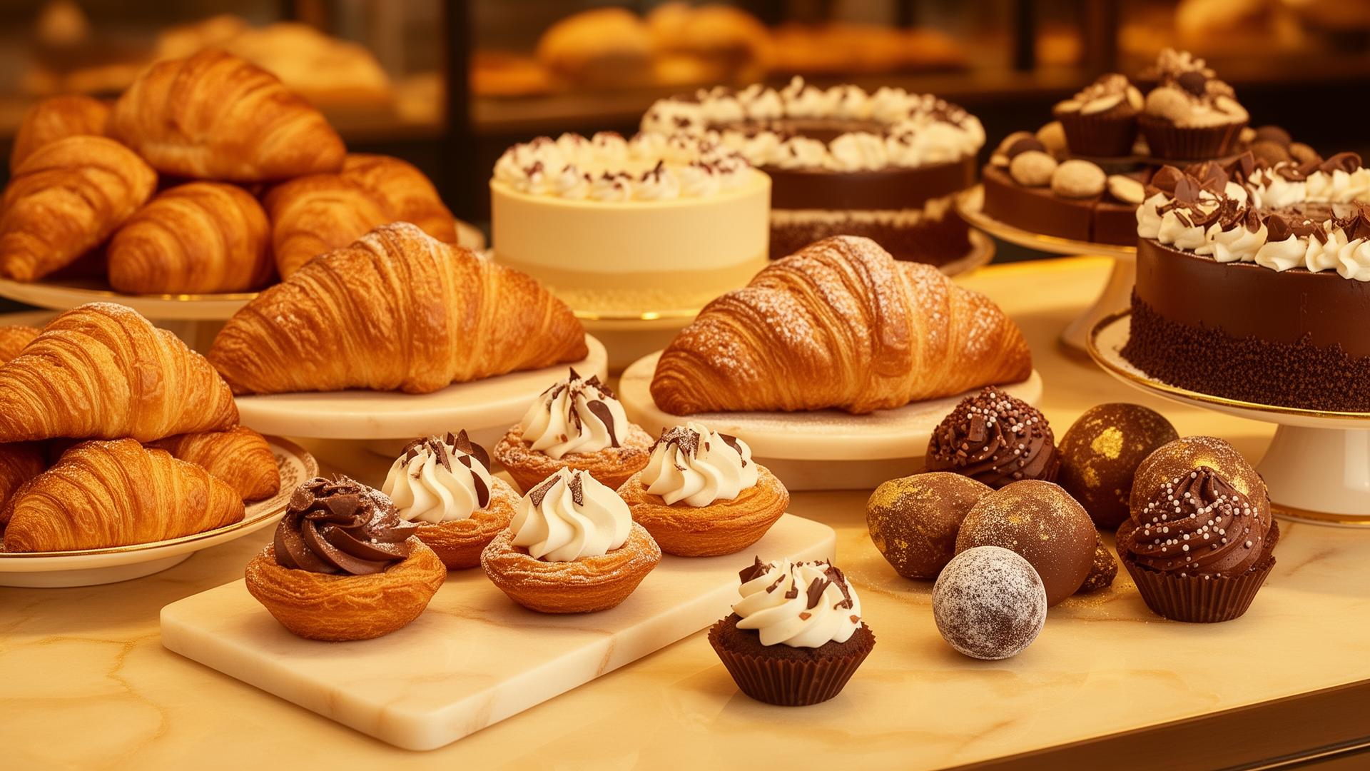 Artisan bakery display with croissants, cakes, and chocolates